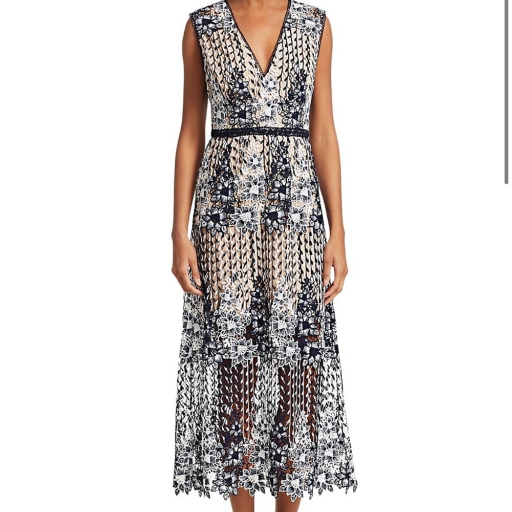 ML Monique Lhuillier Floral Lace Midi Dress